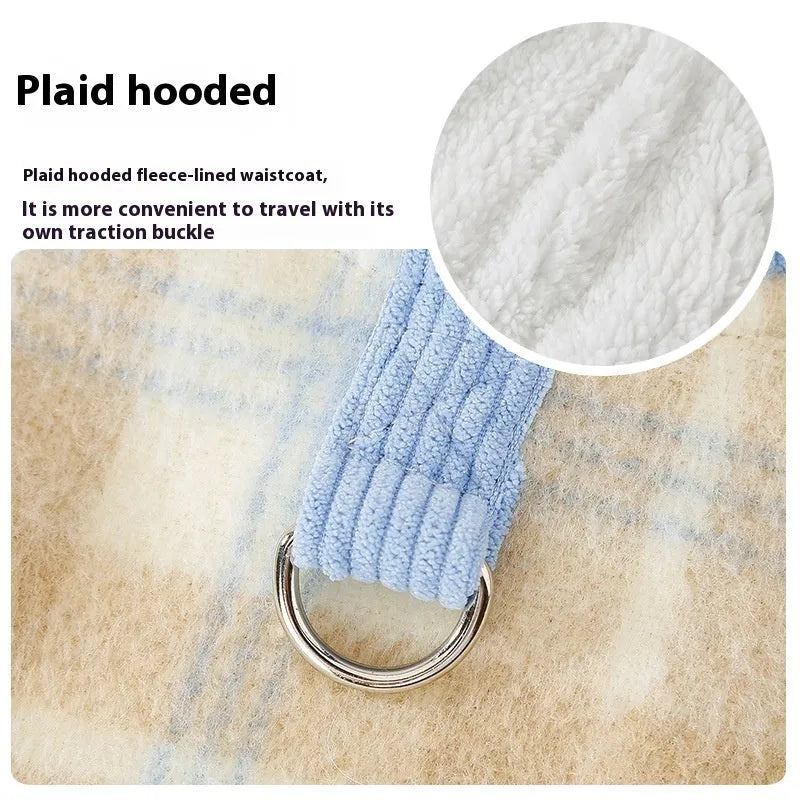 Blue corduroy dog hoodie with chessboard grid print and hood, sized for a medium dog.