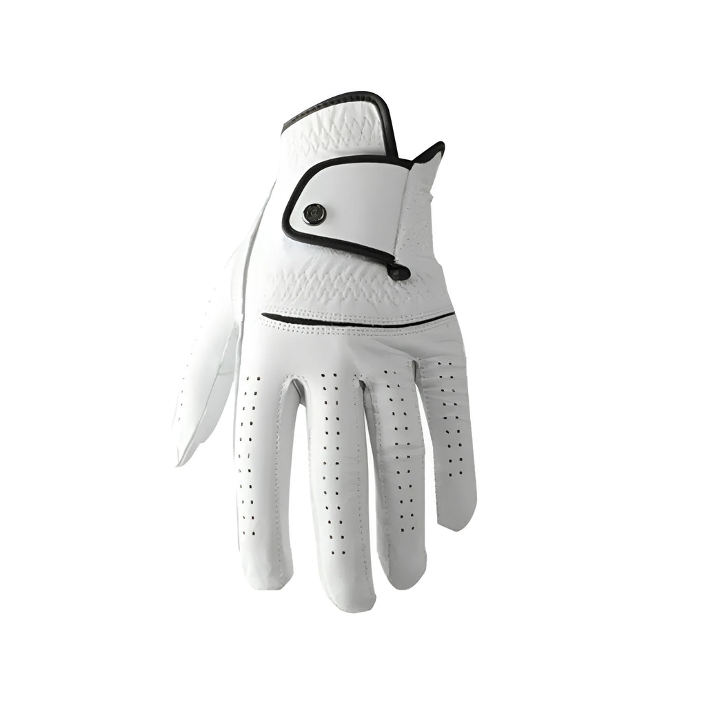 Men's white half sheepskin golf glove showing non-slip palm and breathable back.