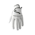 Men's white half sheepskin golf glove showing non-slip palm and breathable back.