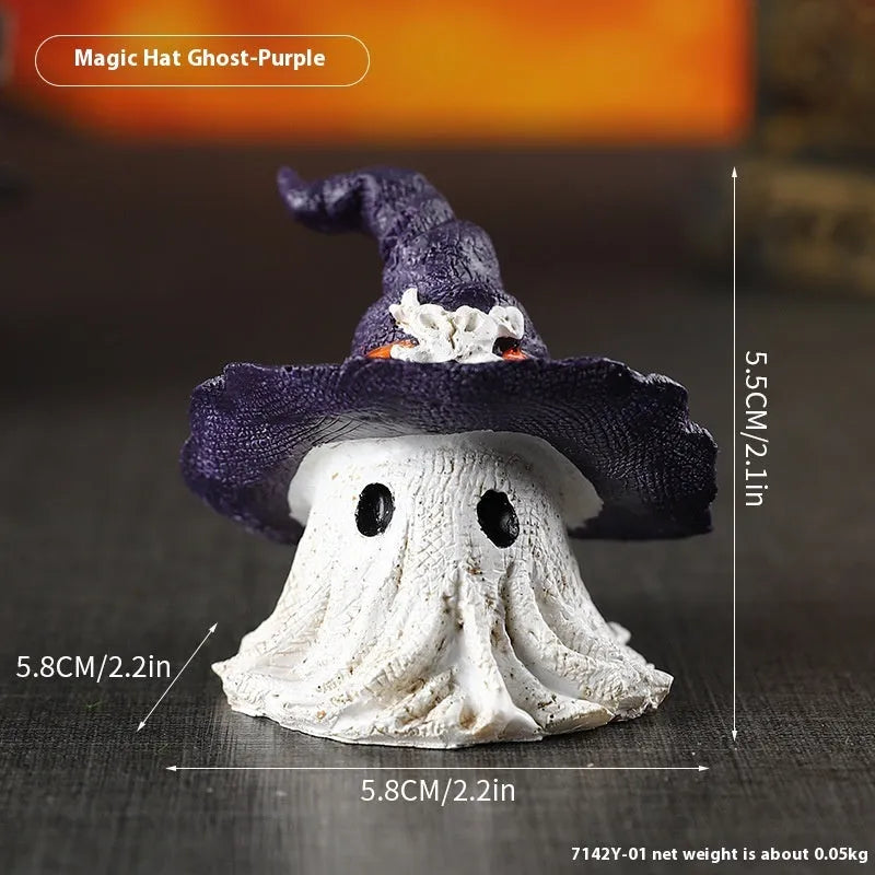 Resin wizard hat holiday ornament in purple or black, 7cm tall.