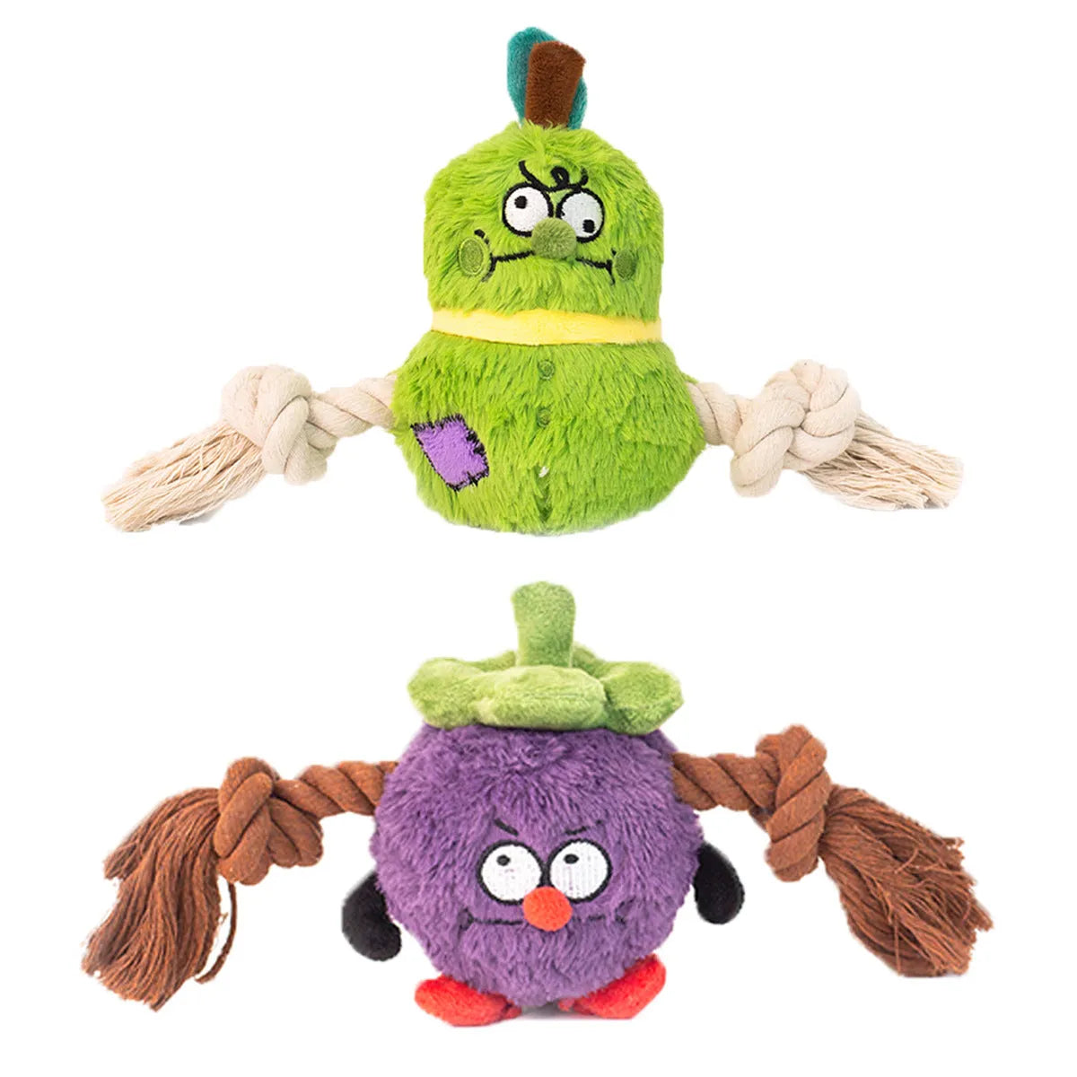Green plush rope knot dog toy with molar tooth shape for tug-of-war games