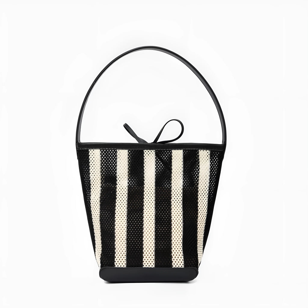 Women's soft woven fabric shoulder bag, black and white stripes, bucket shape, 28x18x13 cm
