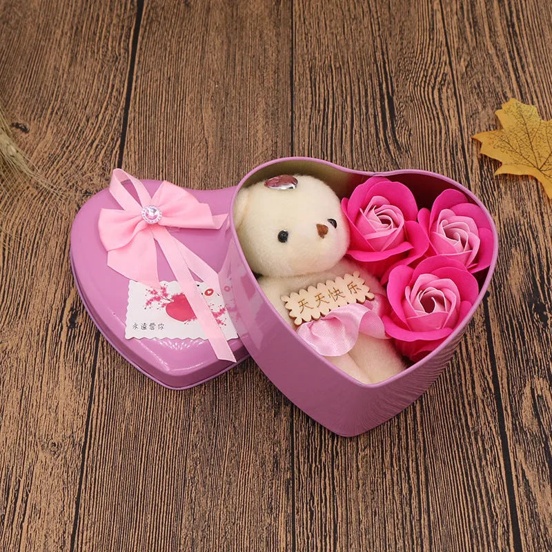 Soap flower gift box heart shaped tin box with bear figure red pink blue purple gradient handmade