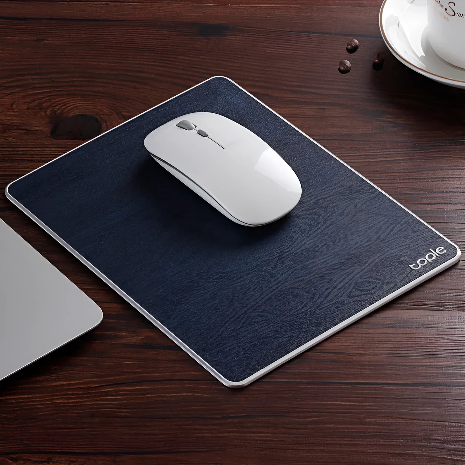 Oversized aluminium alloy mouse pad 249x200mm with PU leather surface and non-slip silica gel base, Black