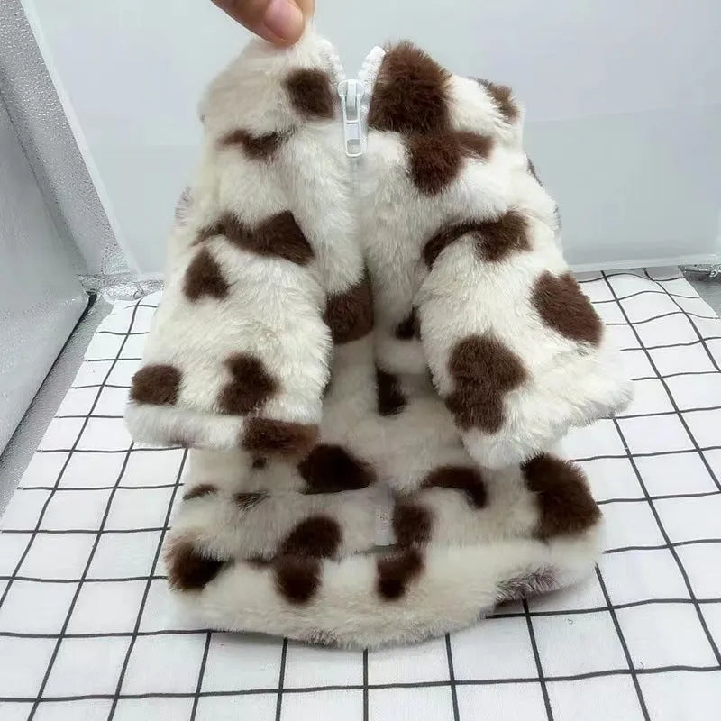 Small dog wearing plush polyester warm coat in British styling, available in pink or brown colour