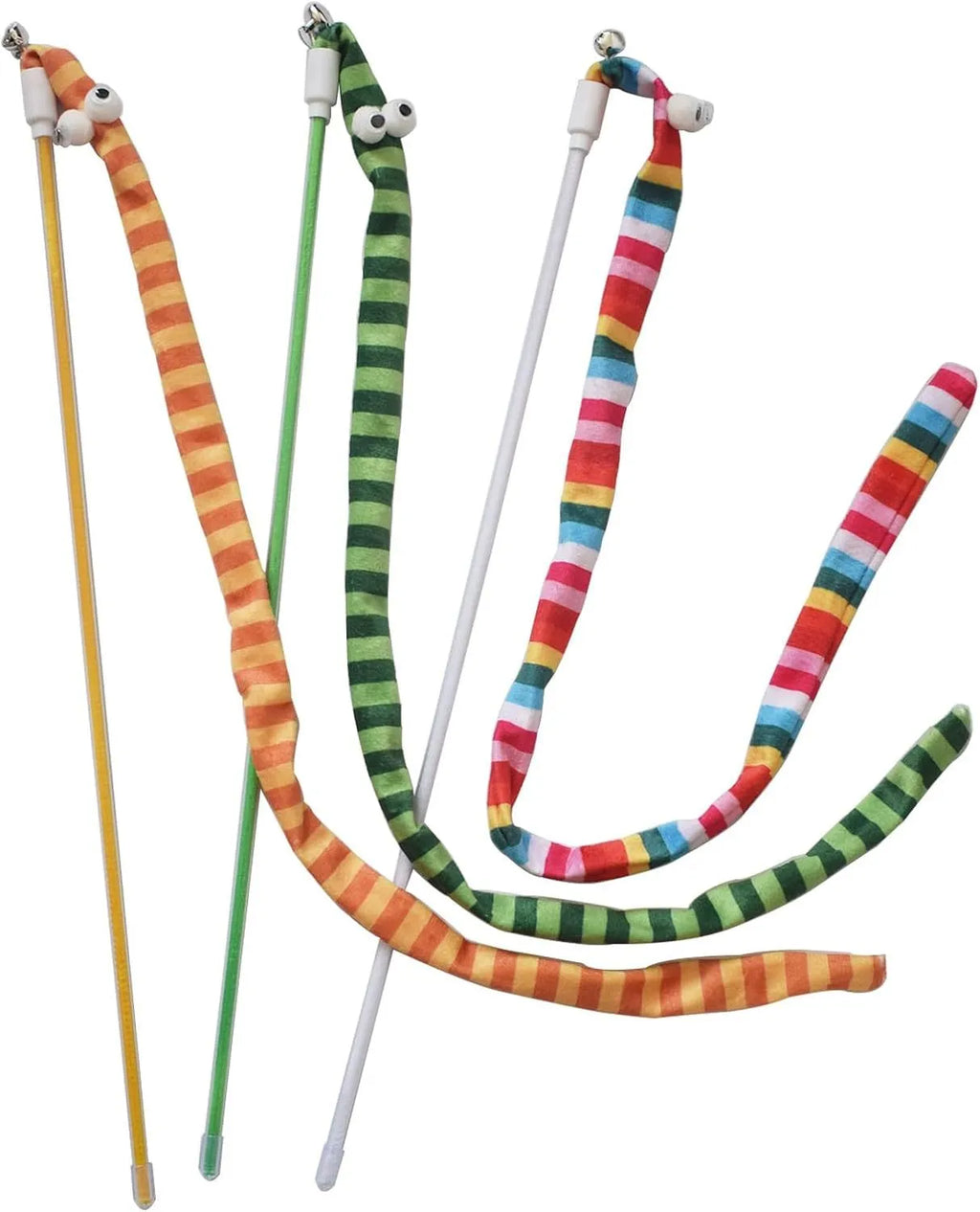 Cat wand toy with polycarbonate pole and plush strip in green, orange, and rainbow colours