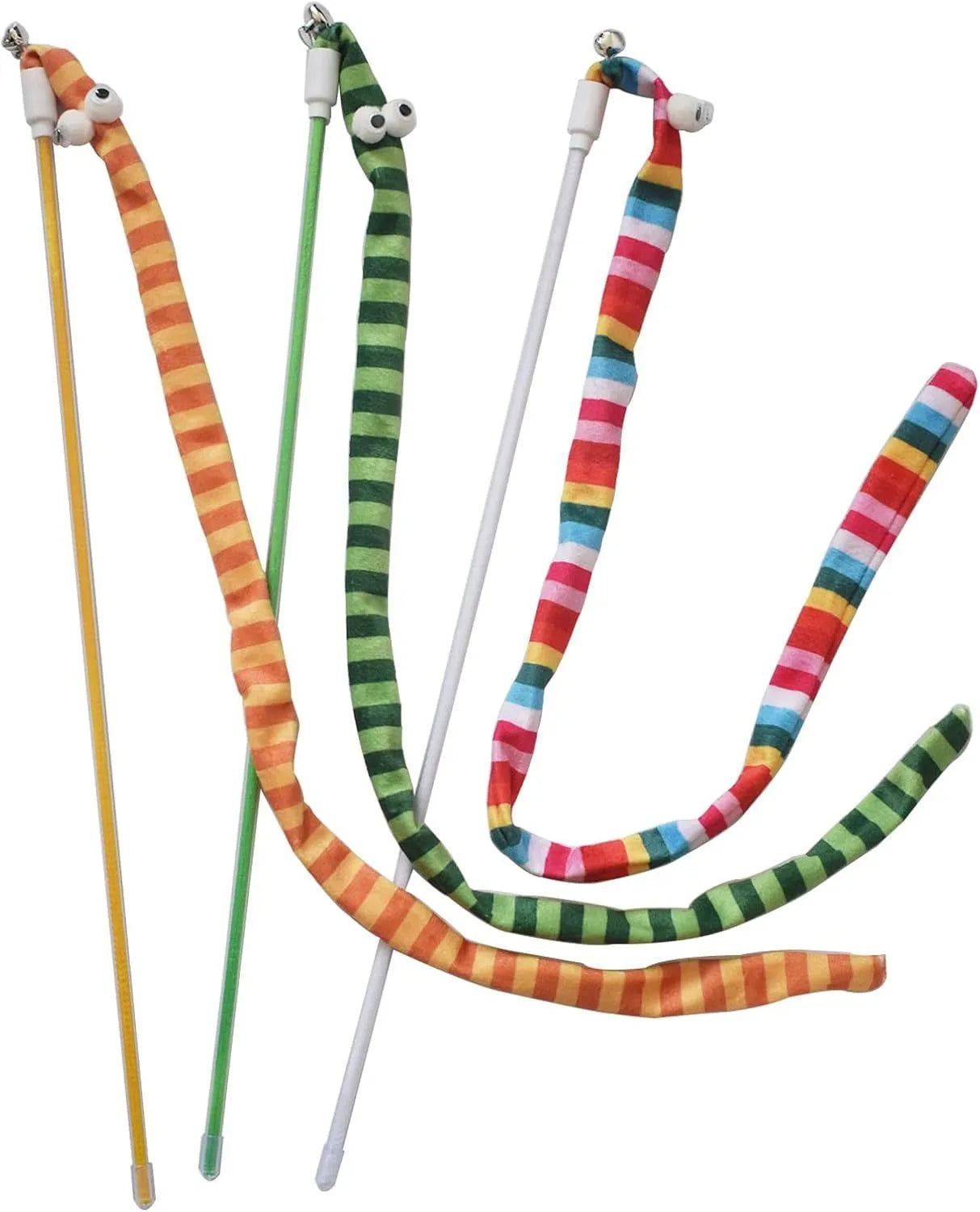 Cat wand toy with polycarbonate pole and plush strip in green, orange, and rainbow colours