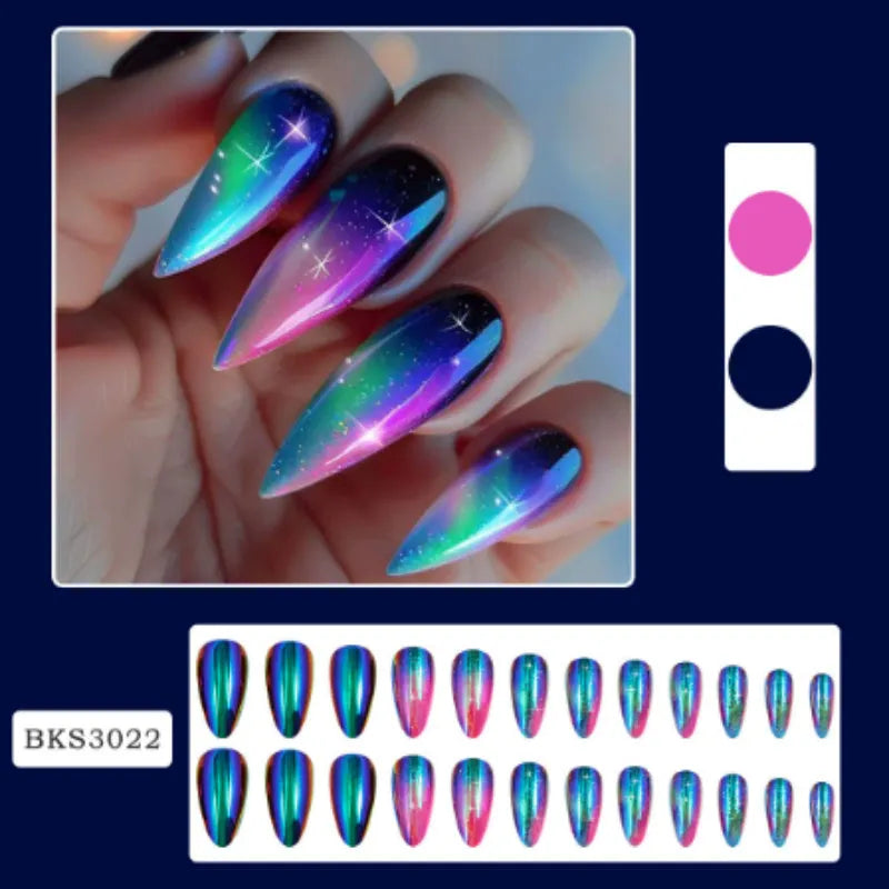 Four boxes of almond shaped nail stickers showing French colourful leaves, colourful plating, star flash macarons, and gradient leopard print designs
