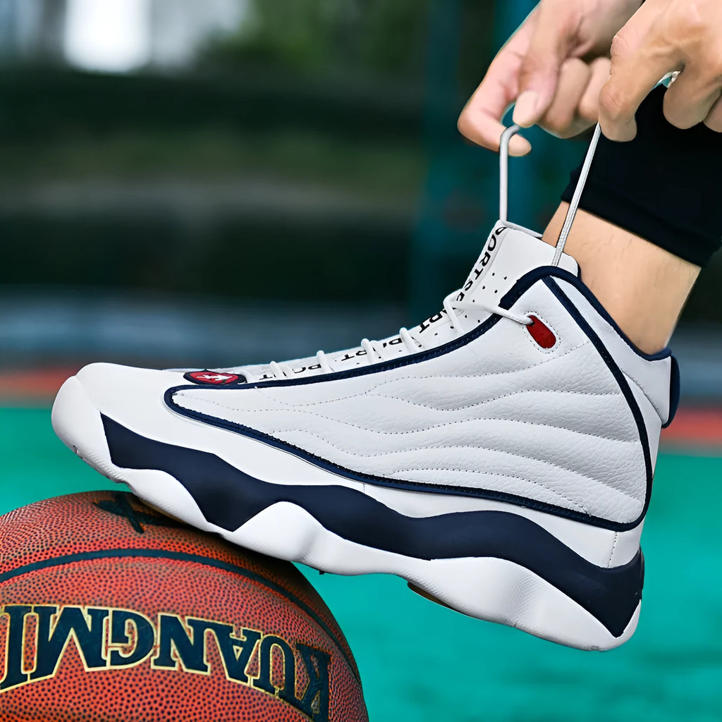 Men's high-top basketball sneakers in AJ13 colour options with mesh upper and rubber sole.
