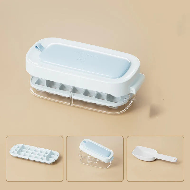 Colourful ice cube tray with grid design and integrated ice shovel storage compartment