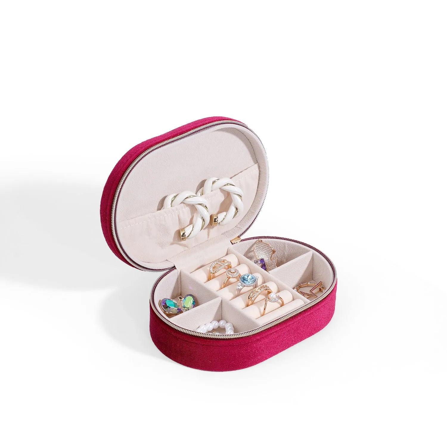 Oval velvet jewellery storage box in Korean style with flannel interior, showing colour options including lake blue, pink, and beige