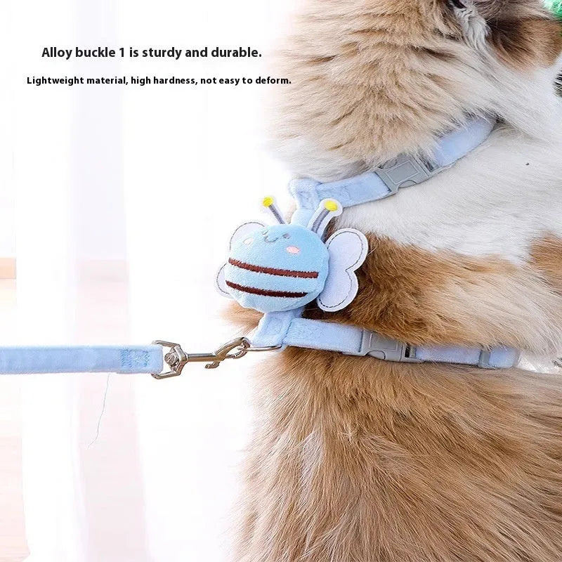 Bee-shaped cat harness and lead set in pink, yellow, and blue colours with adjustable strap