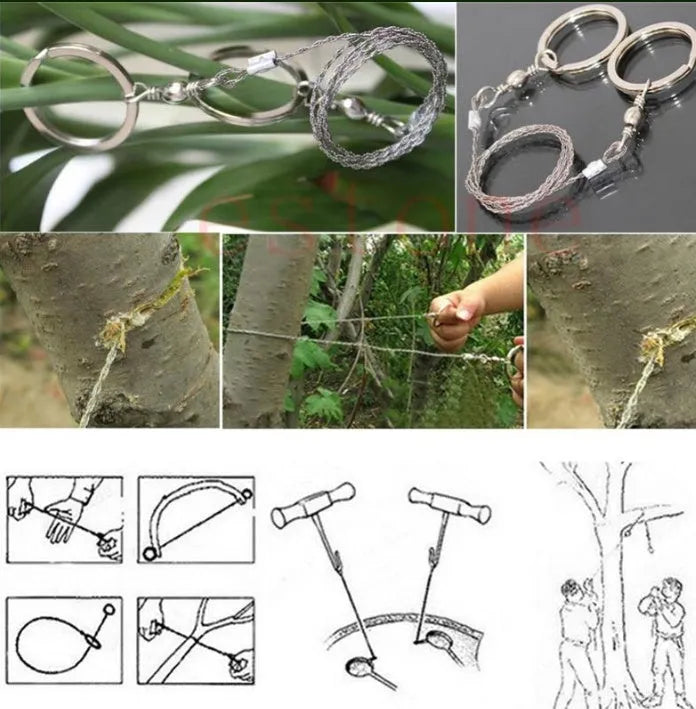 Survival wire saw with stainless steel blade and finger loops, showing 55cm length and pull ring