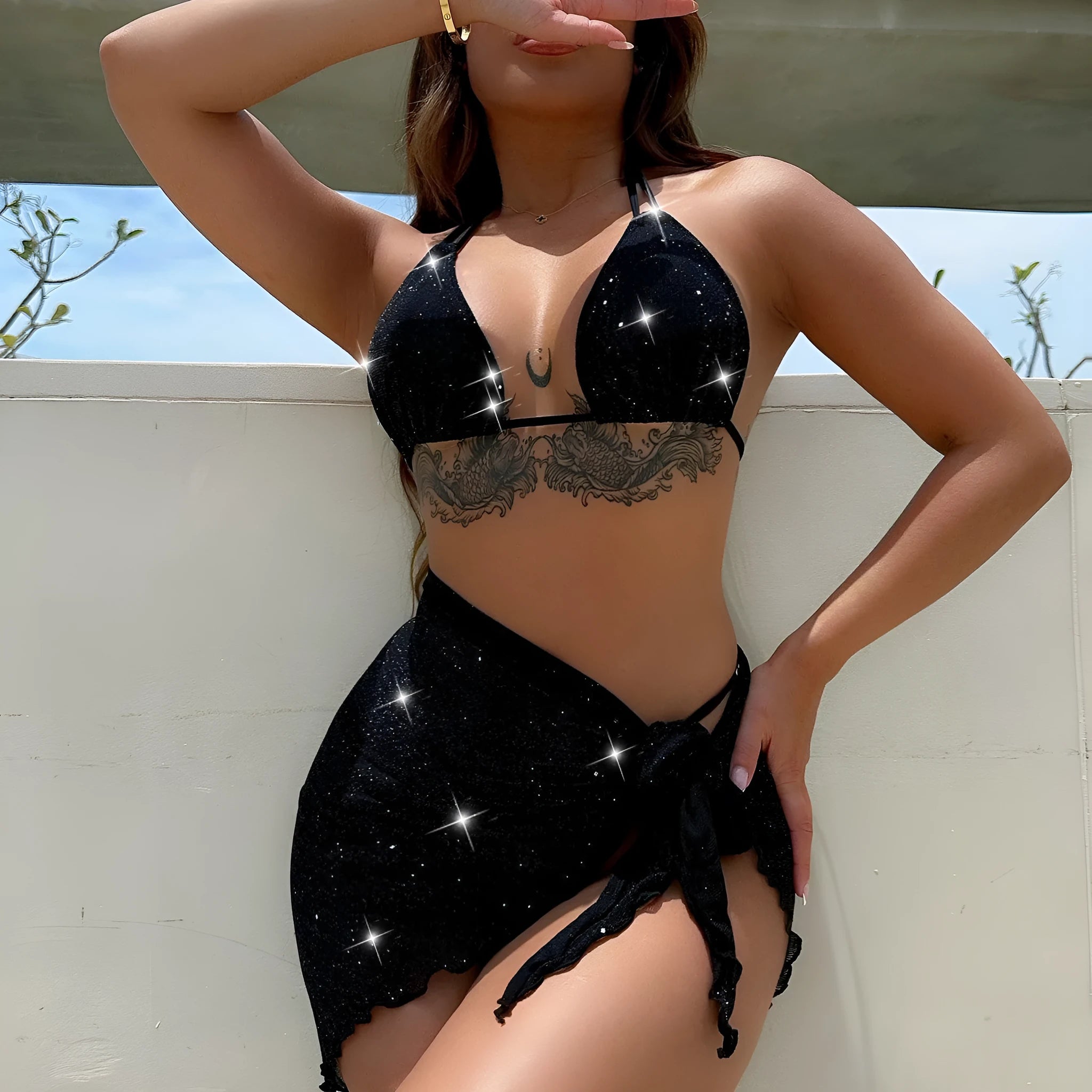 Black three-piece bikini swimsuit set with polyester construction showing front view