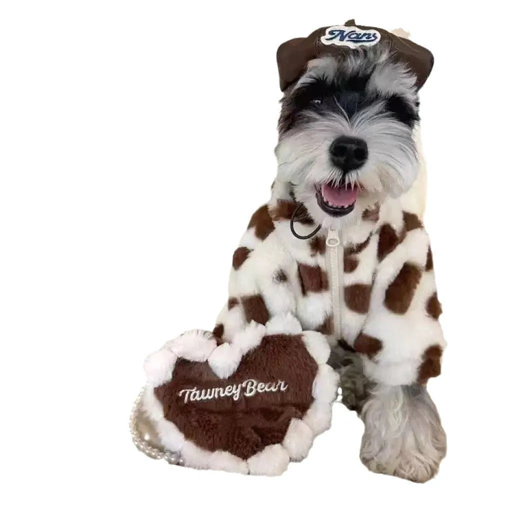 Small dog wearing plush polyester warm coat in British styling, available in pink or brown colour