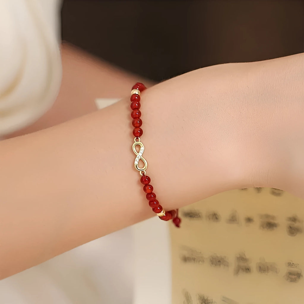 Hand-woven red agate beads bracelet with diamond-shaped arrangements in ethnic style design