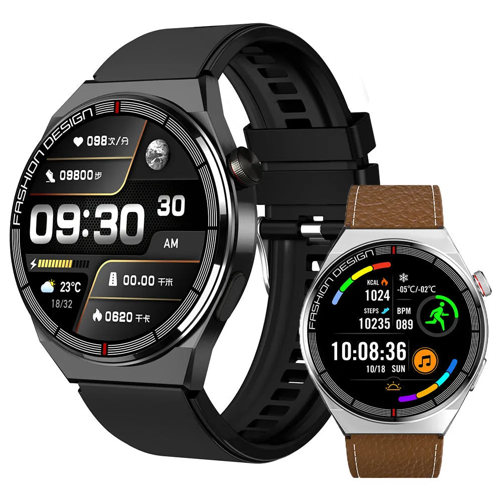 46mm smartwatch with black case and silicone strap showing health metrics on 1.28-inch screen