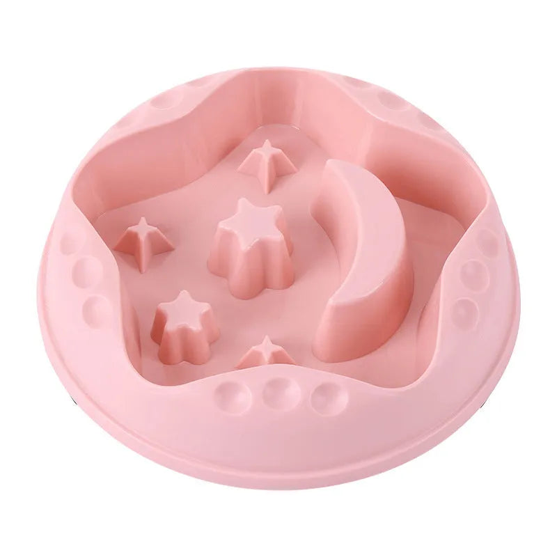 Moon Star Wings slow feed dog bowl with interior ridges and non-slip base in assorted colours.