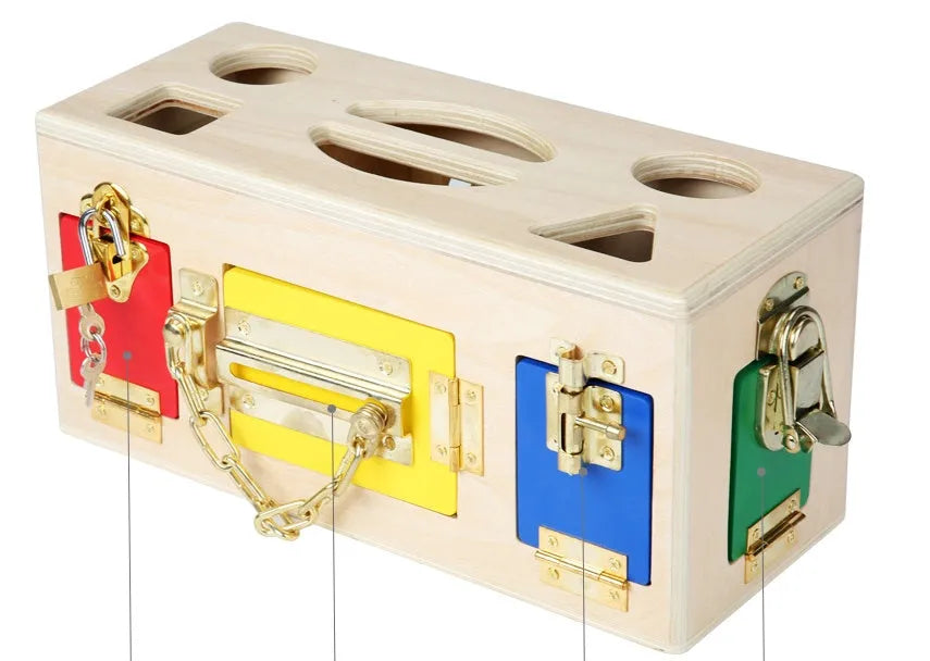 Wooden shape sorting educational toy with lock mechanism for preschool children