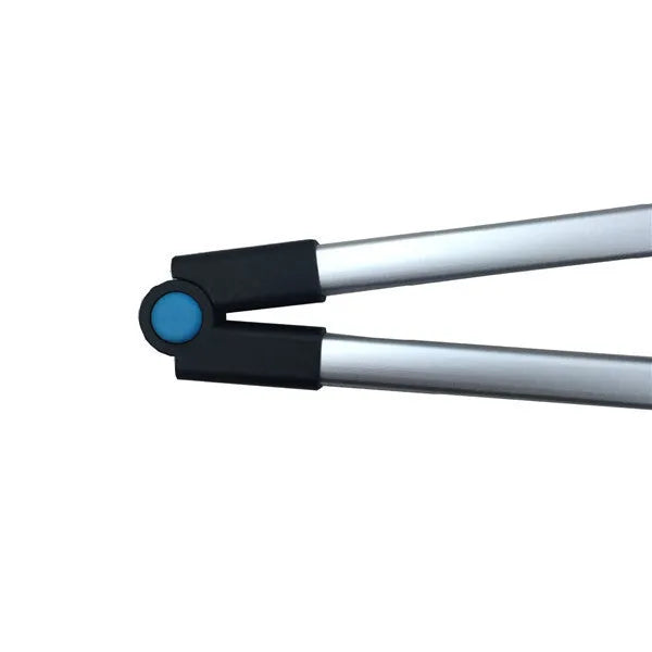 Blue foldable portable aluminium microphone stand with a stainless steel base, shown collapsed and extended.