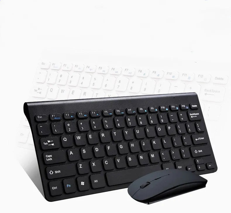 Black and white wireless keyboard and mouse set with 4G receiver showing 10-metre range
