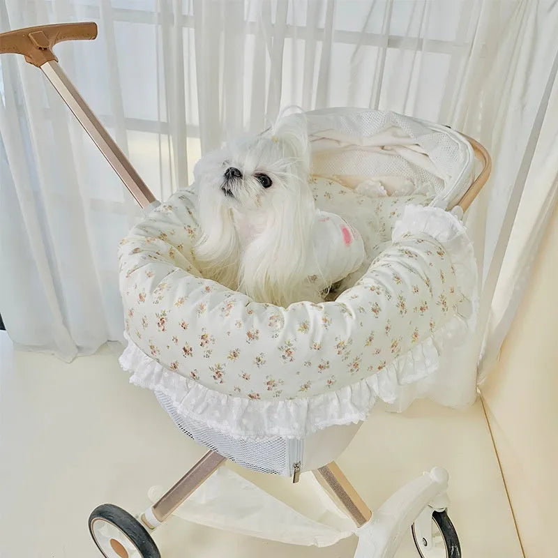 Pure cotton pet stroller accessory set with anti-dirty towel, cushion and pillow in blue green apple pattern