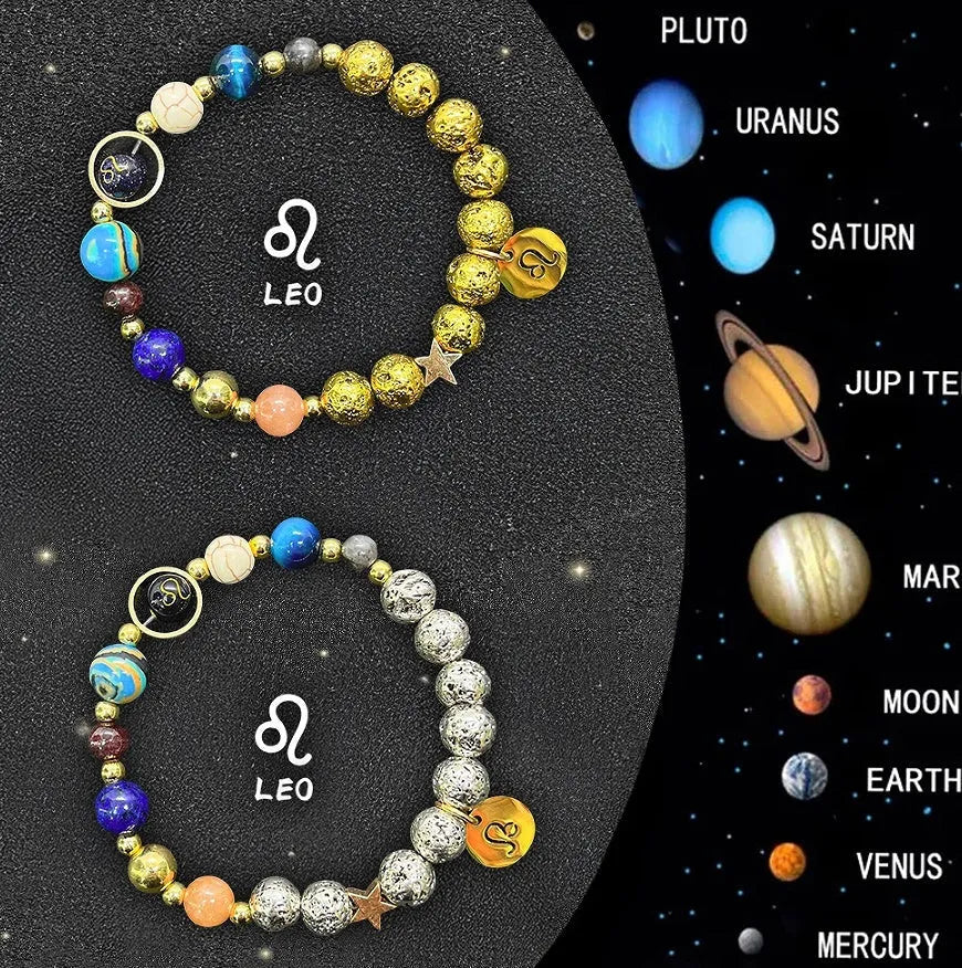 Set of twelve natural stone beaded bracelets, each representing a different zodiac sign.