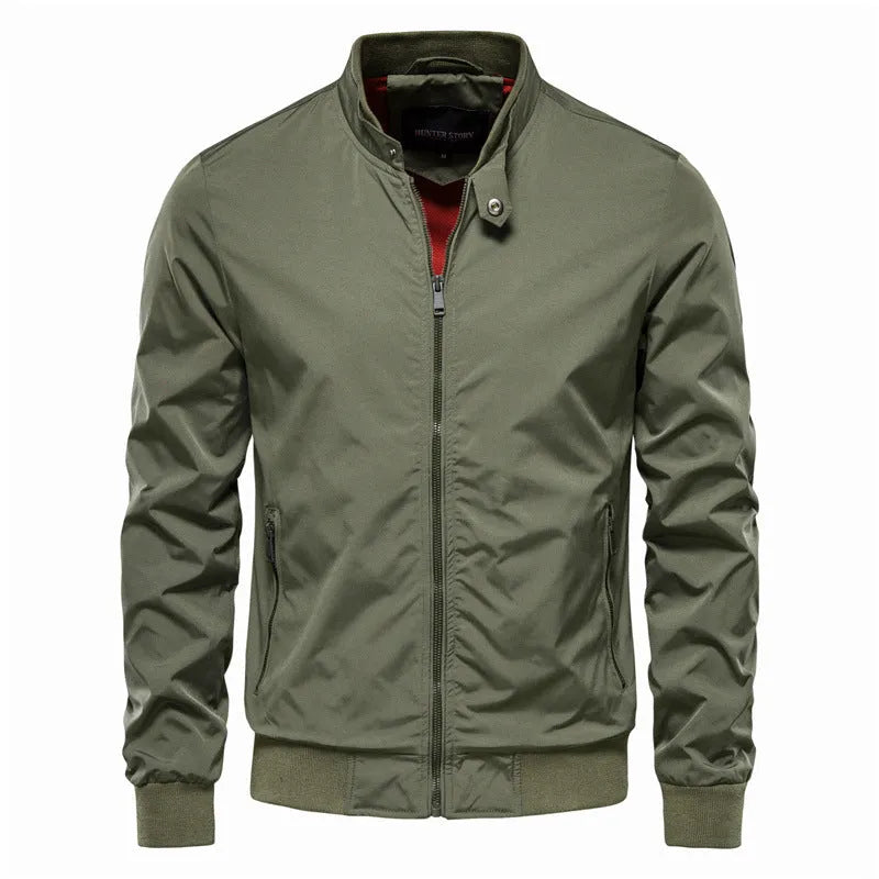 Men's thin solid colour casual jacket in Army Green, shown on a hanger.