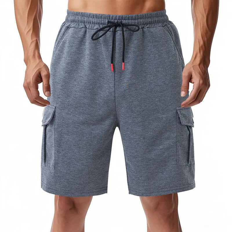 Men's heavy loose casual multi-pocket sports cargo shorts in towel terry fabric available in light grey, black, and dark grey