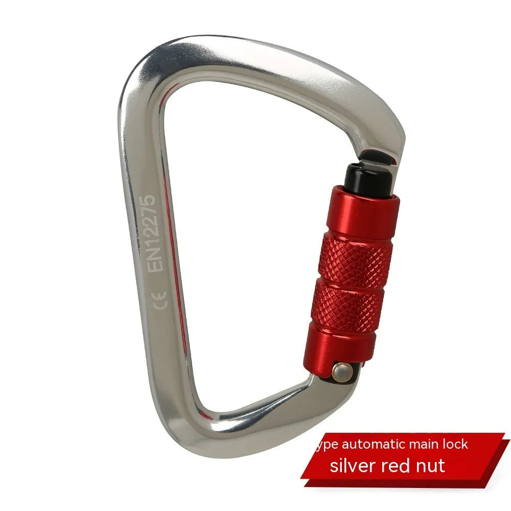 D-shaped climbing carabiner main lock shown in red, with choice of automatic or threaded gate closure.