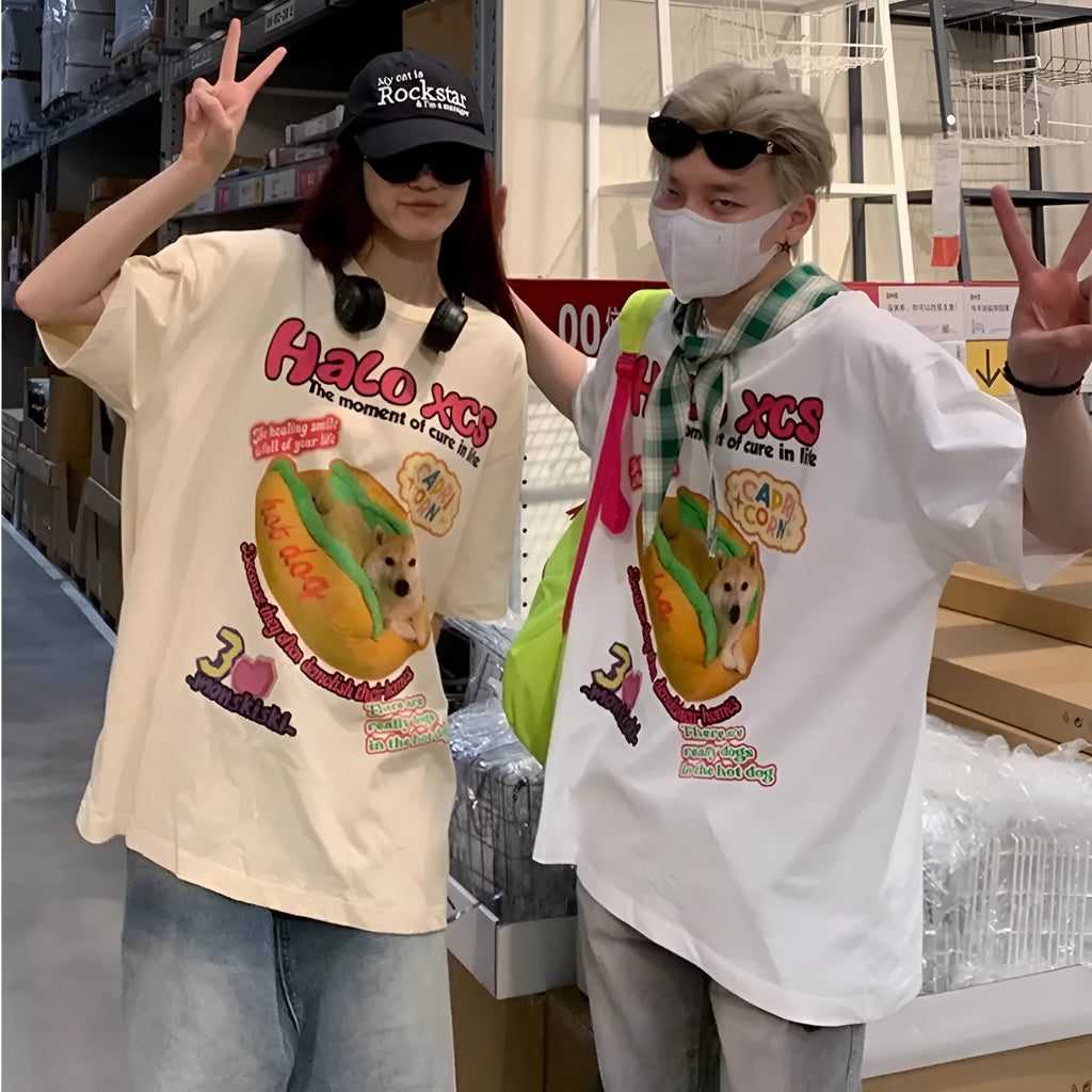 Cartoon hamburger dog printed cotton T-shirt in loose fit available in three colours