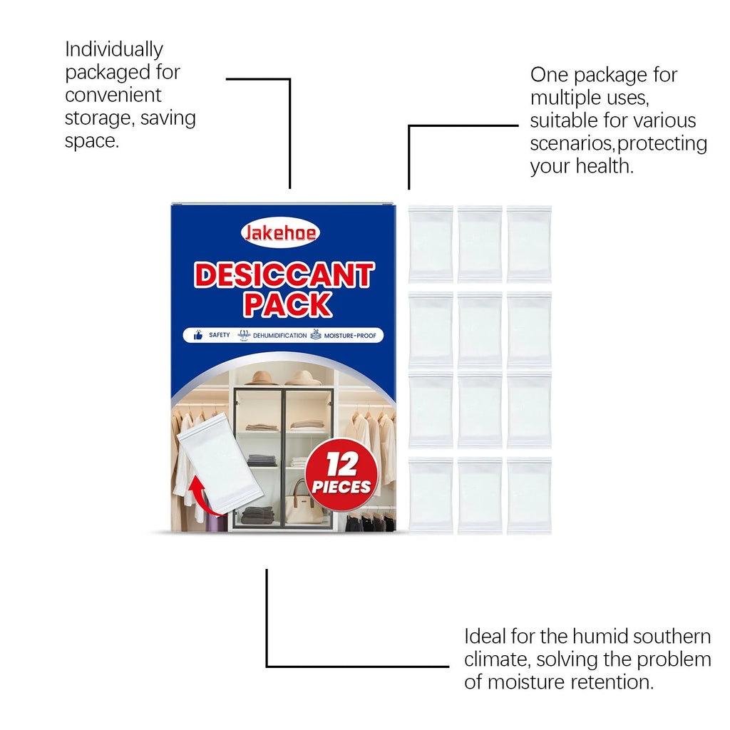 Set of 12 white anti odour desiccant packs for absorbing moisture in wardrobes and cupboards.