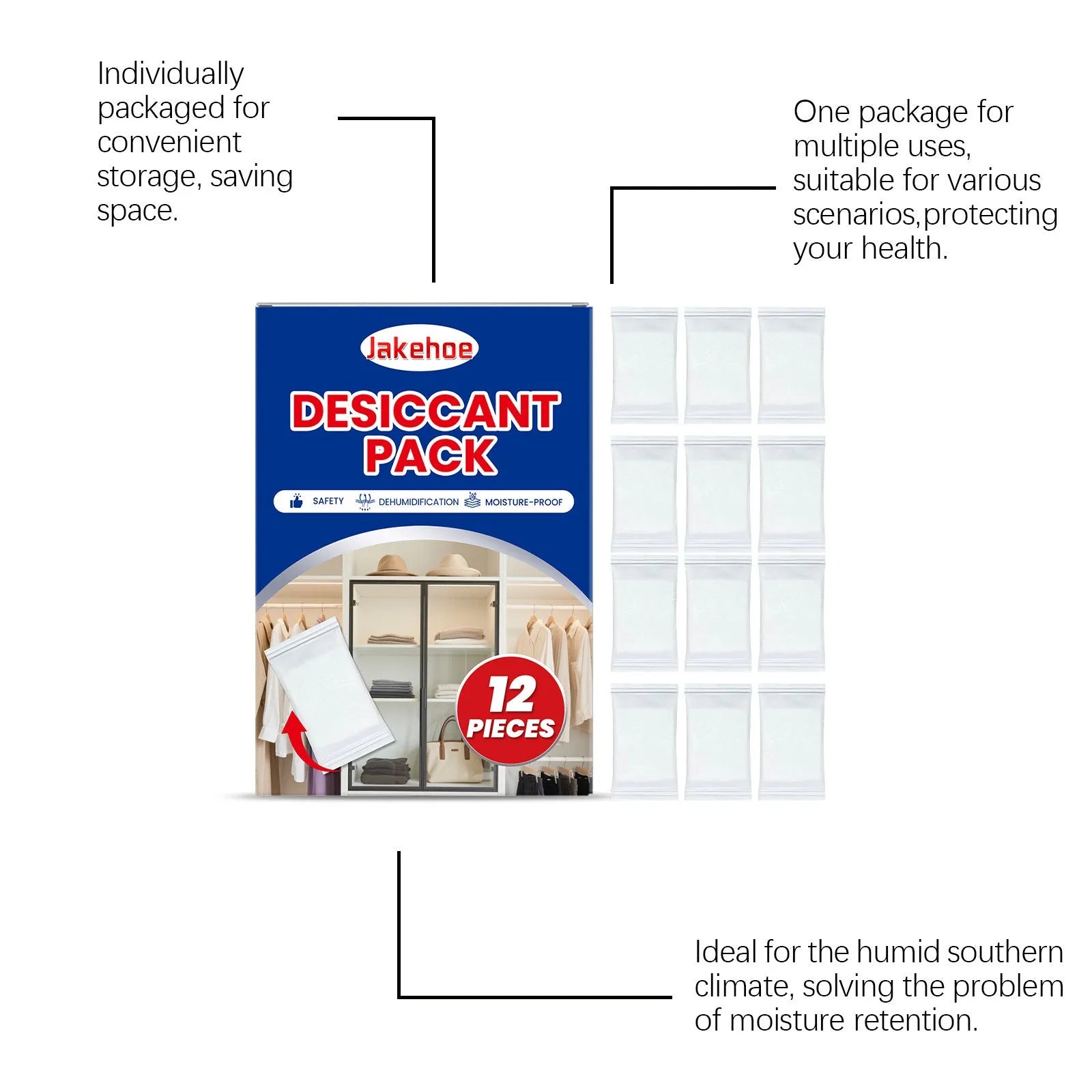 Set of 12 white anti odour desiccant packs for absorbing moisture in wardrobes and cupboards.
