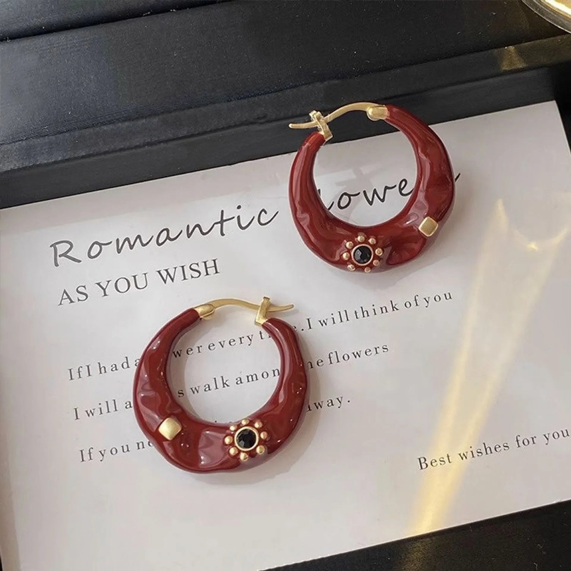 Hong Kong style retro alloy ear studs with rhinestone inlays and hand-dripped oil glossy finish
