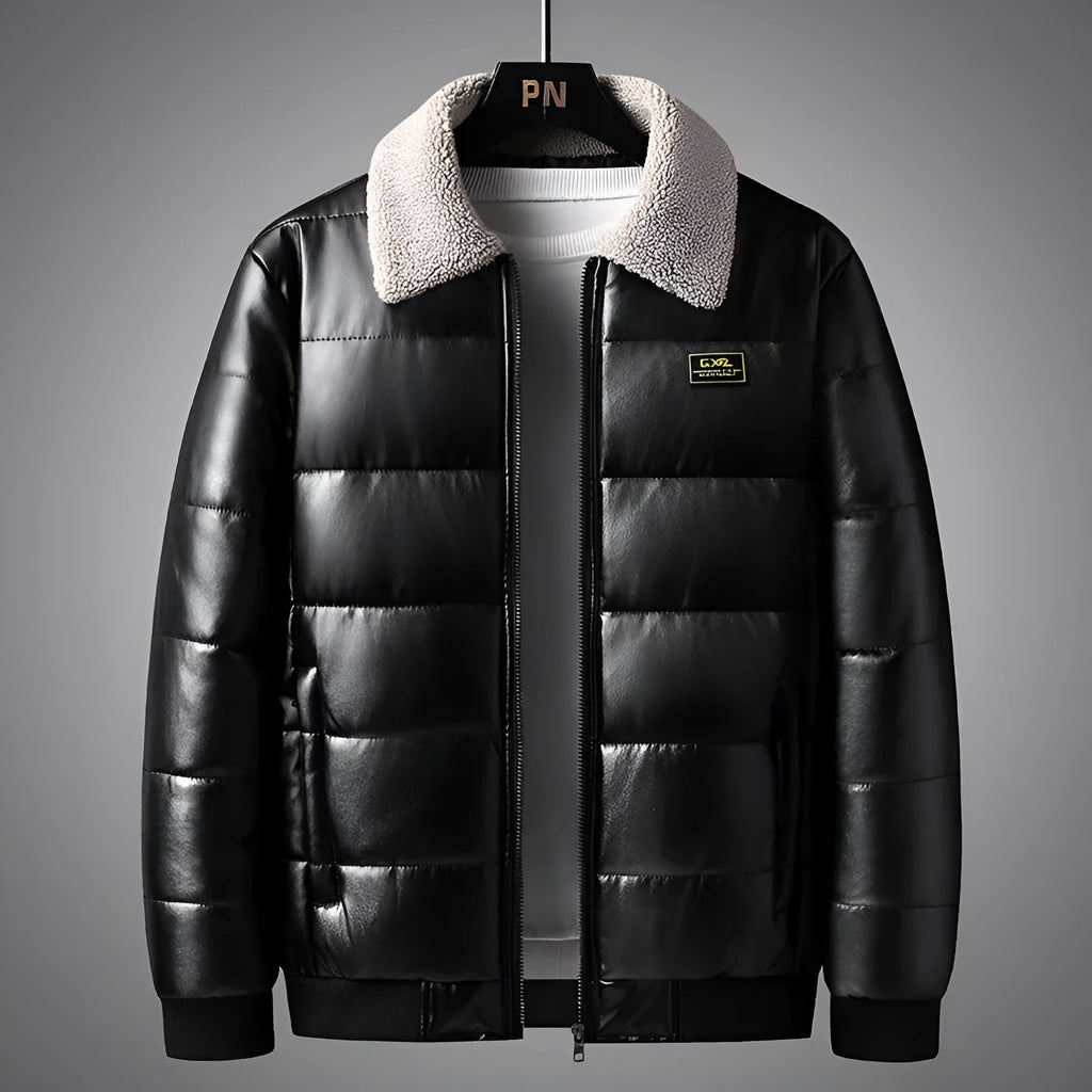 Men's thickened PU leather winter jacket with lapel collar in light blue and black, sizes M to 5XL