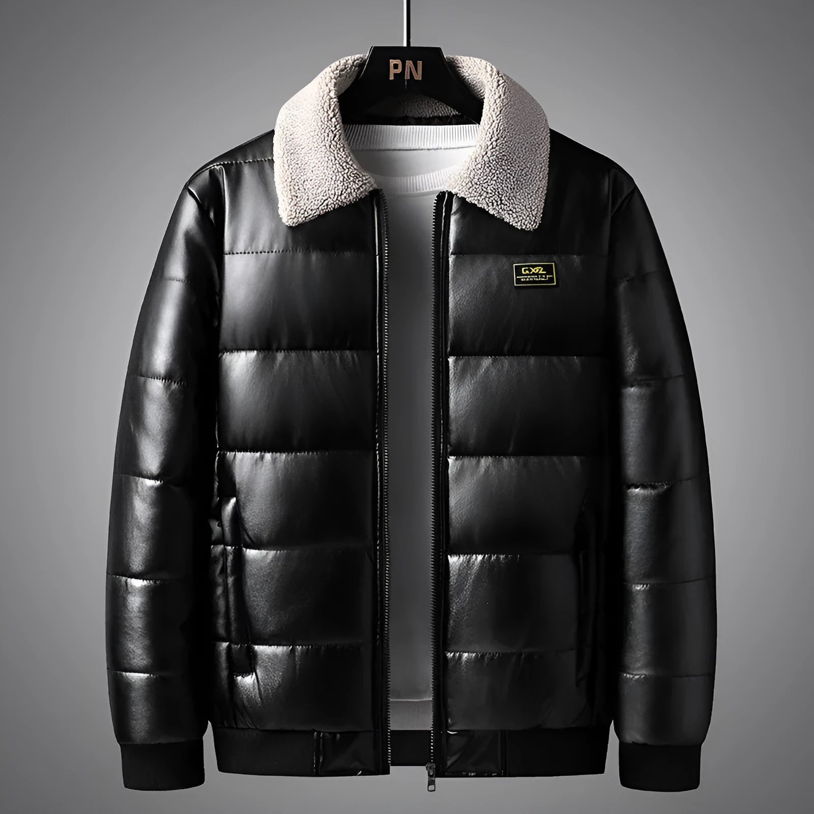 Men's thickened PU leather winter jacket with lapel collar in light blue and black, sizes M to 5XL