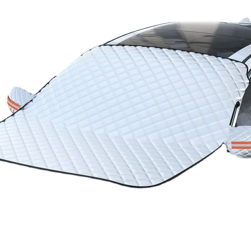 Large luxury SUV front windshield winter cover made of aluminium foil with reflective stripes and five magnets.