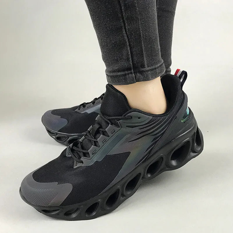Men's black mesh casual sports shoes with white EVA sole and lace-up front on a white background.