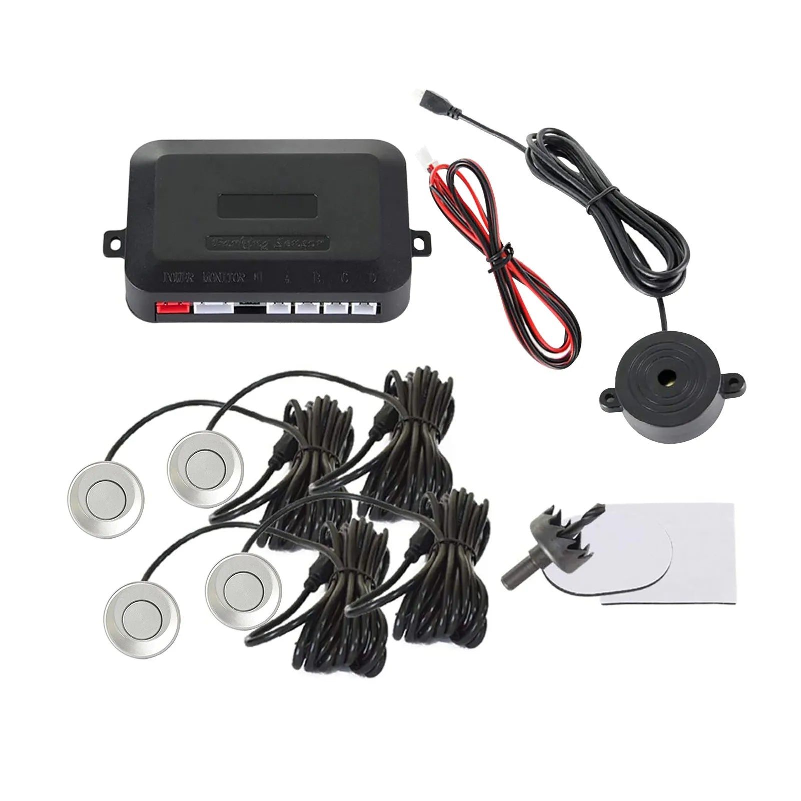 Four ultrasonic parking sensors and control module for vehicle reversing radar system with buzzer alerts