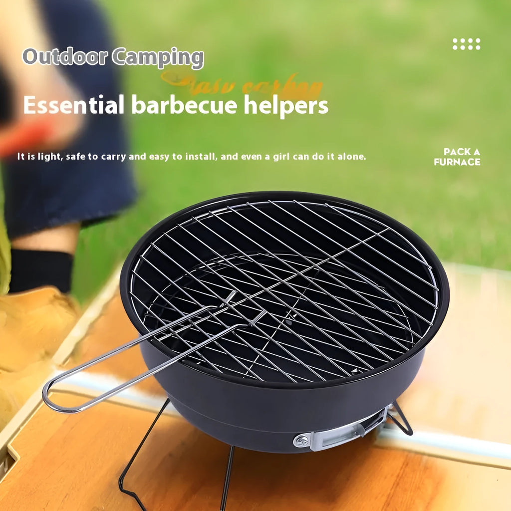 Small round folding ice stove with mesh grill and detachable legs for portable outdoor barbecue