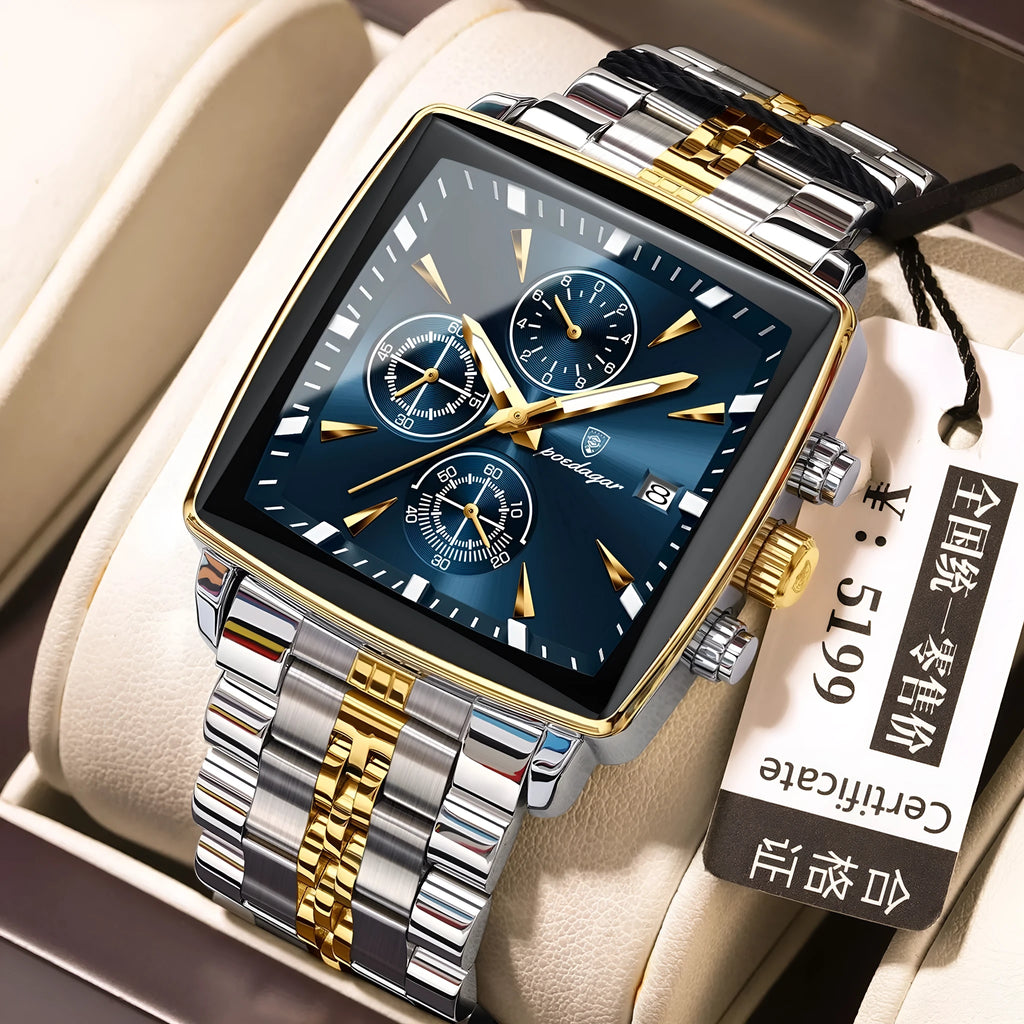 Men's square business watch with stainless steel strap and butterfly clasp in various colour options.