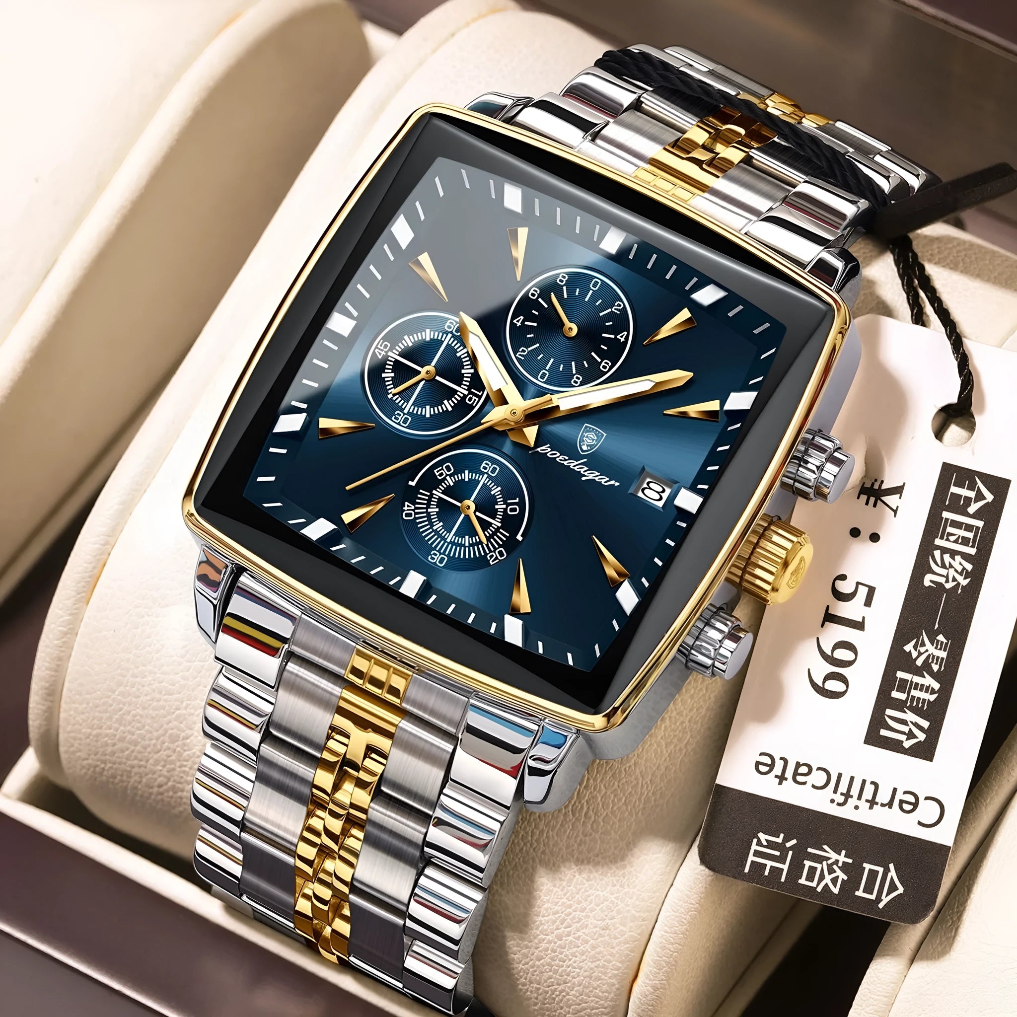 Men's square business watch with stainless steel strap and butterfly clasp in various colour options.