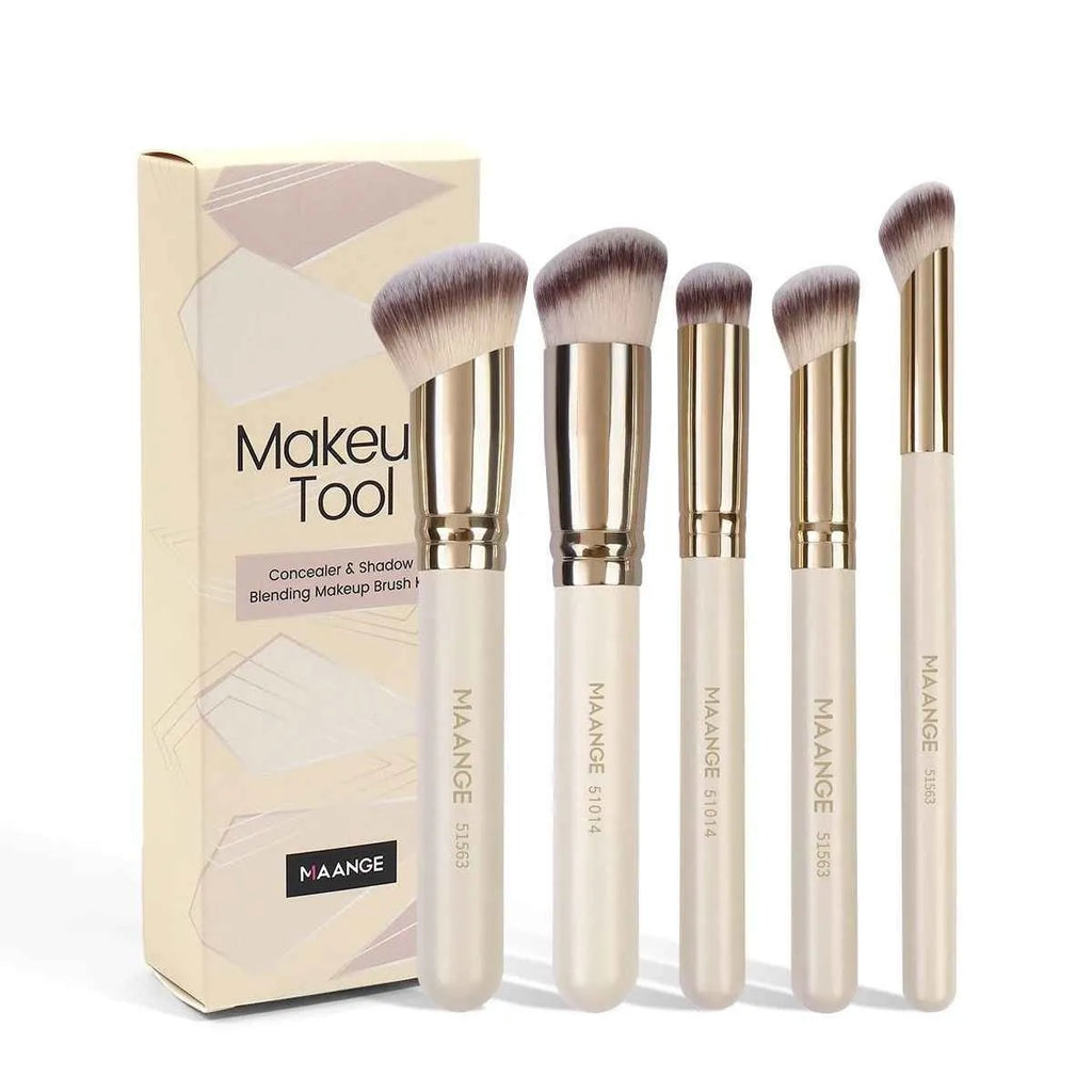 Apricot coloured angled makeup blush brush and four other synthetic brushes from a 5-piece set.