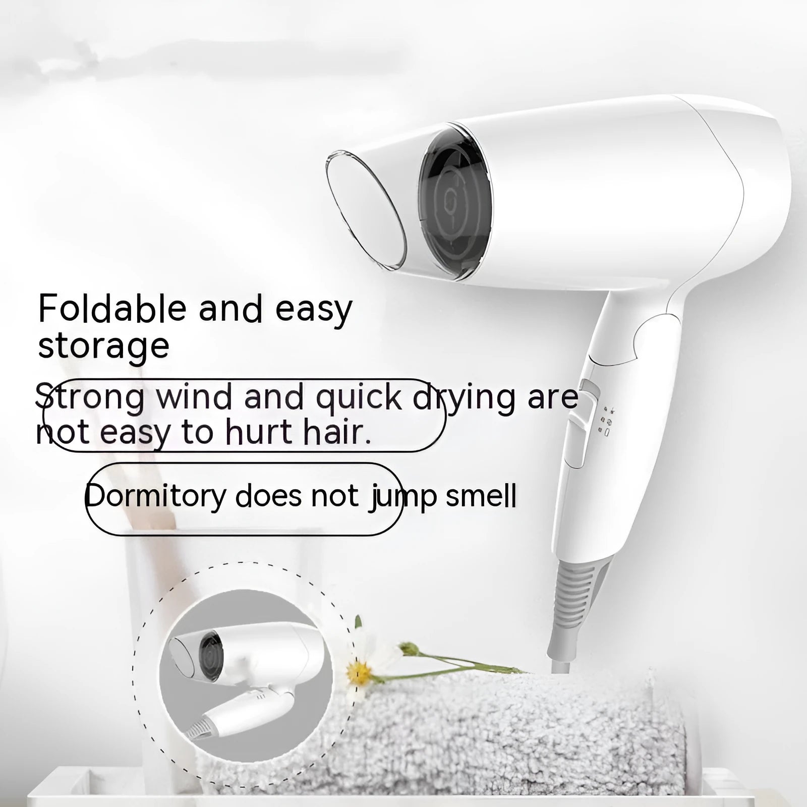 Moon White portable hair dryer with 1400W power and automatic overheating protection for household and travel use