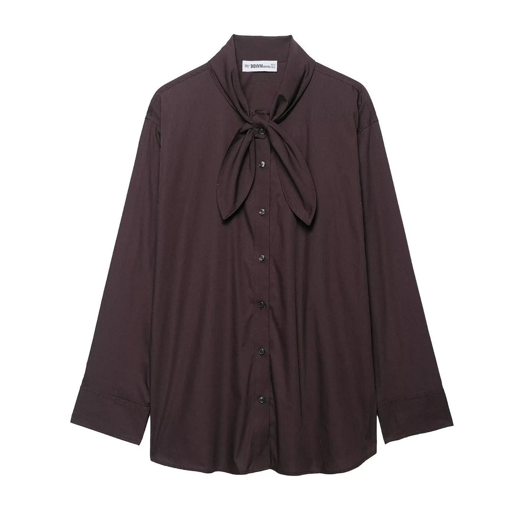 Brown women's loose fit poplin shirt with long sleeves and a scarf bow tie detail.