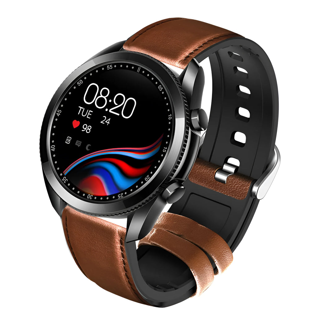 UM90 black smart watch with leather strap showing fitness stats on its 1.28-inch screen.