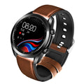UM90 black smart watch with leather strap showing fitness stats on its 1.28-inch screen.