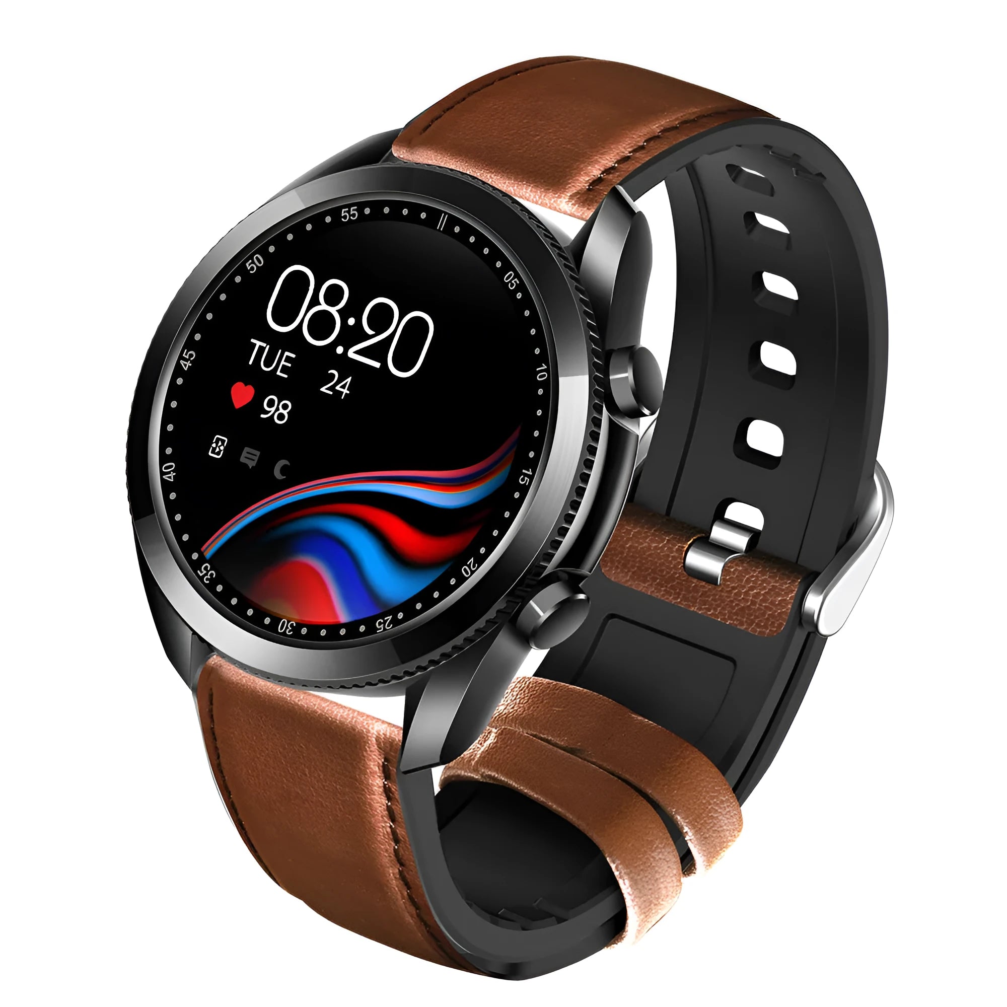 UM90 black smart watch with leather strap showing fitness stats on its 1.28-inch screen.
