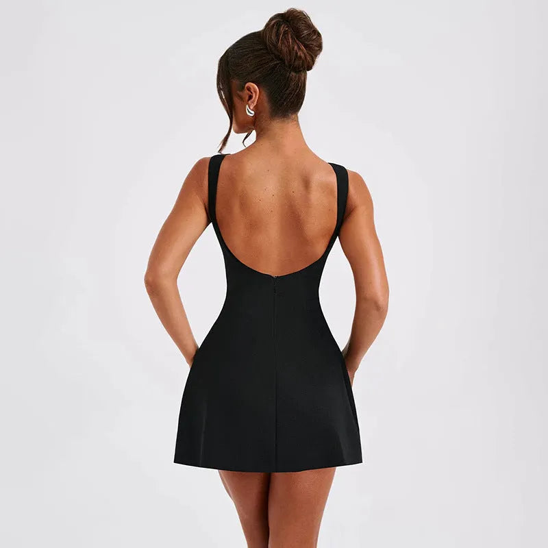 Slim-fitting black backless sleeveless summer dress with a high waist and short skirt.