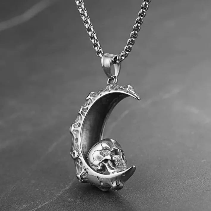 Men's stainless steel skull necklace with electroplated silver finish showing six pendant colour options